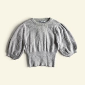 Zara Fuzzy Knit Cropped Sweater Womens Small Gray Puff Sleeve Eyelash Jumper Y2K